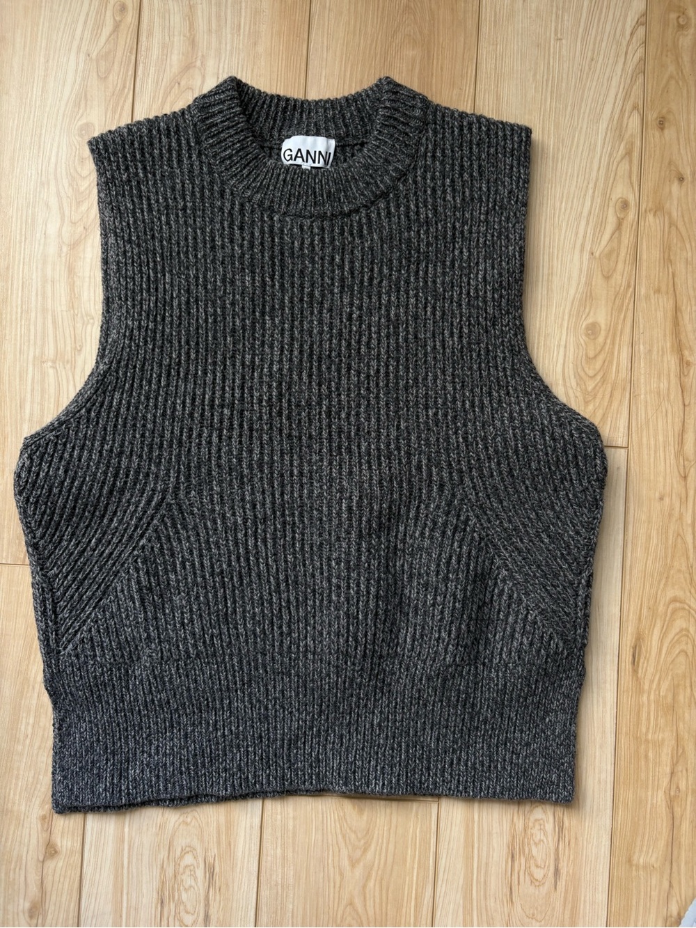 Ganni Charcoal Ribbed Crewneck Sleeveless Sweater Vest